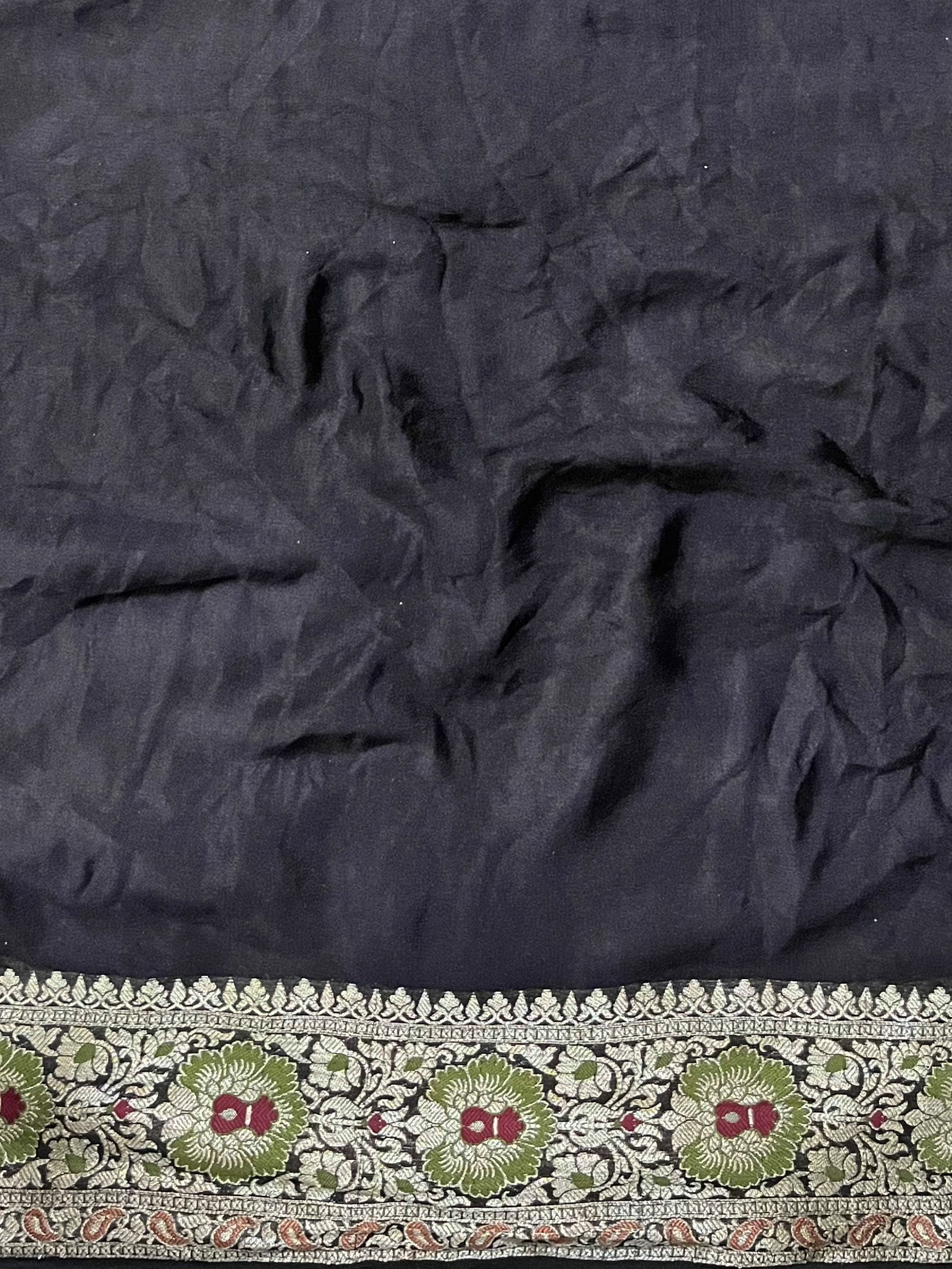 Banarasee Pure Chiffon Saree With Gold Zari & Resham Jaal Work-Black