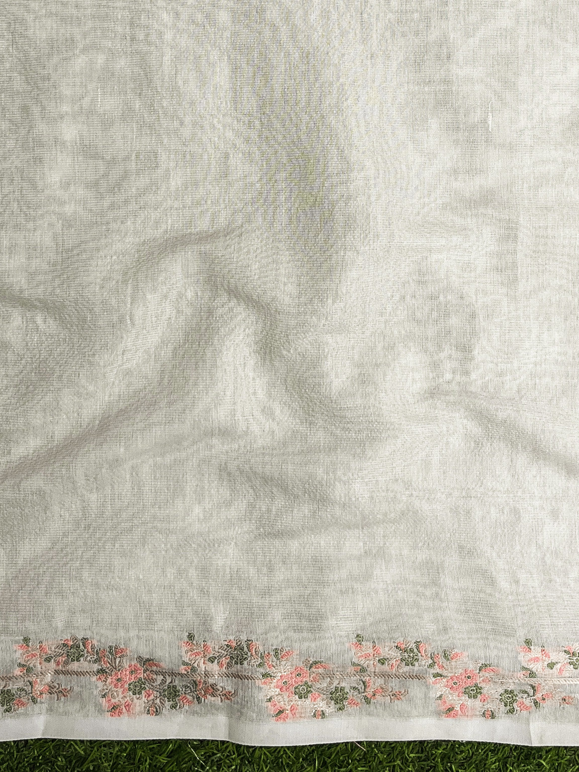Banarasee Handloom Soft Tissue Shine Saree With Resham Floral Border-Off White