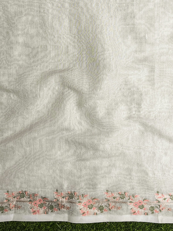 Banarasee Handloom Soft Tissue Shine Saree With Resham Floral Border-Off White