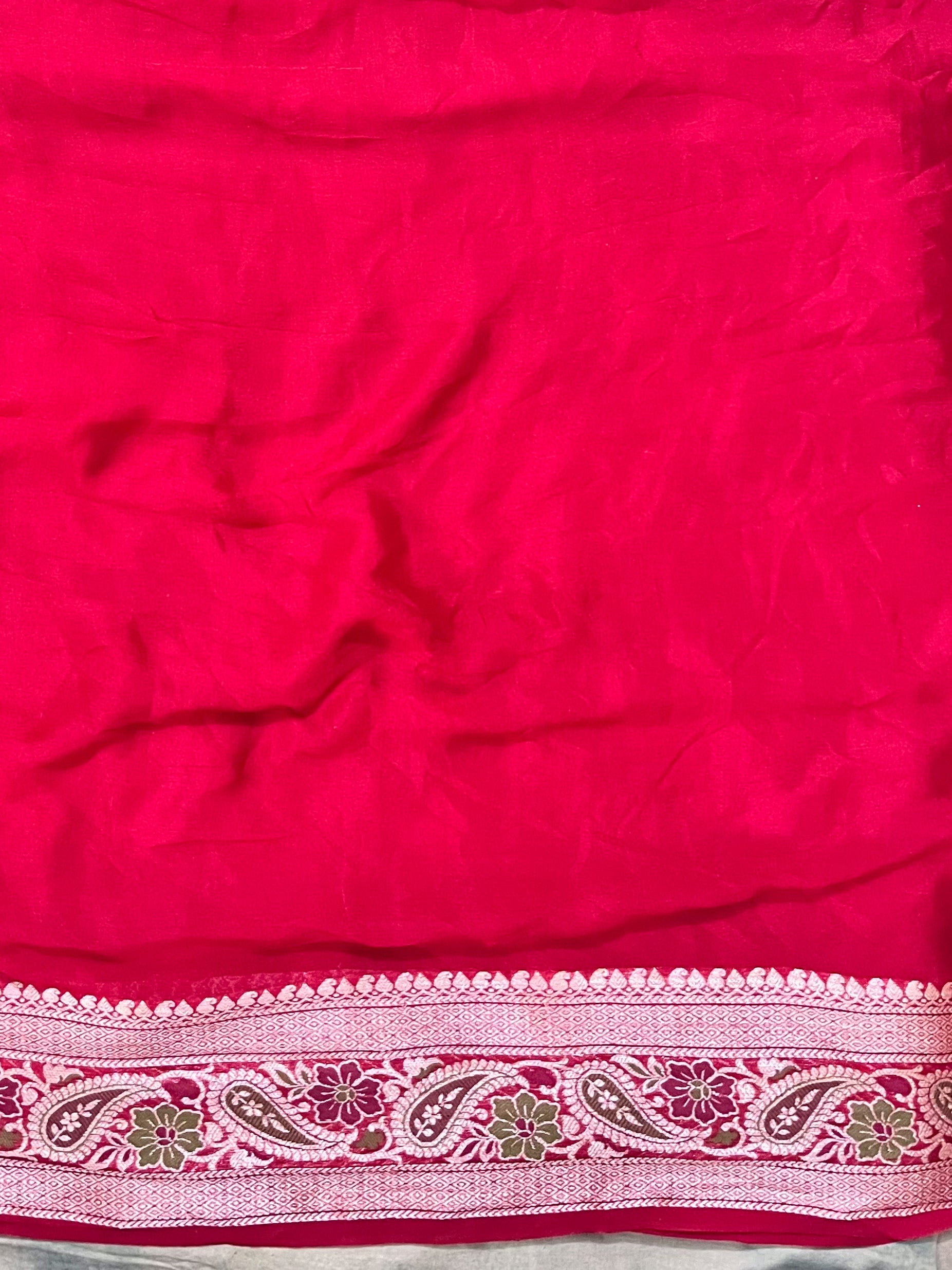 Banarasee Pure Chiffon Saree With Gold Zari Work & Border-Red