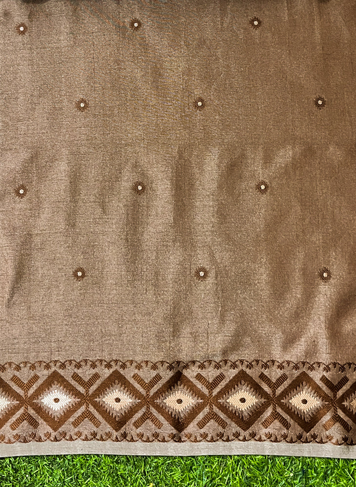 Banarasee Handwoven Semi-Tussar Silk Saree With Resham Work & Geometric Border-Beige & Brown