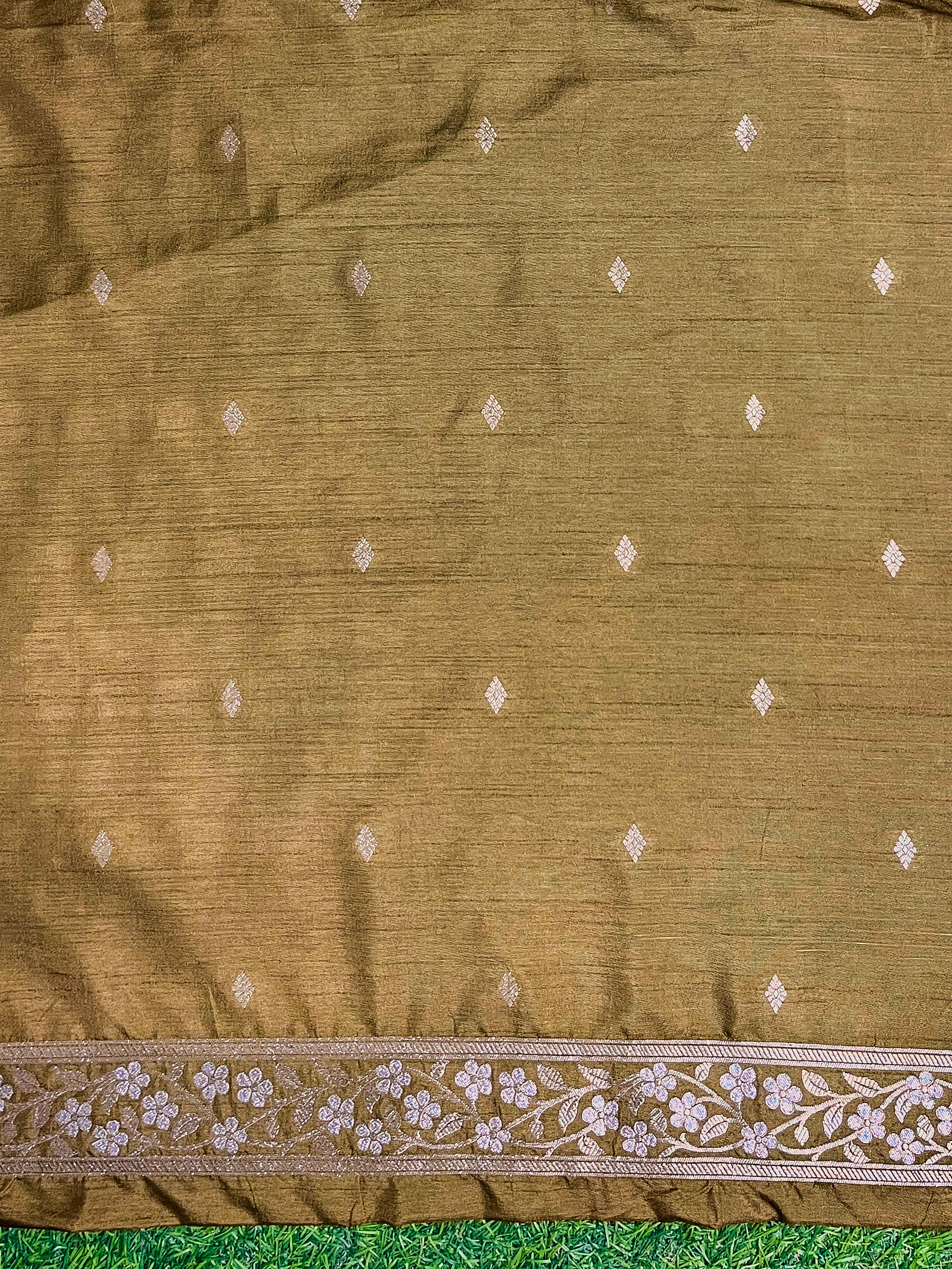 Banarasee Handloom Semi Silk Saree With Sona Rupa Zari Buta Work & Border-Olive Green (Yellow Tone)