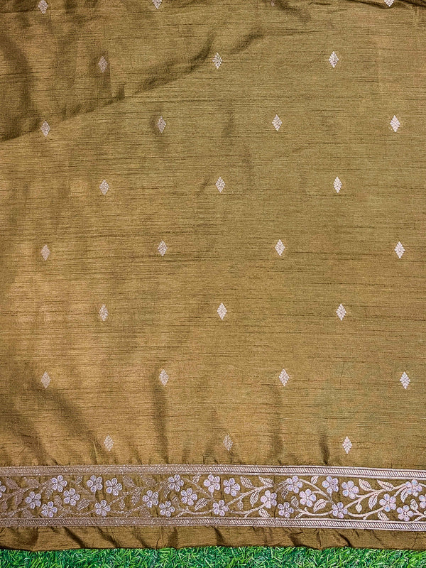 Banarasee Handloom Semi Silk Saree With Sona Rupa Zari Buta Work & Border-Olive Green (Yellow Tone)