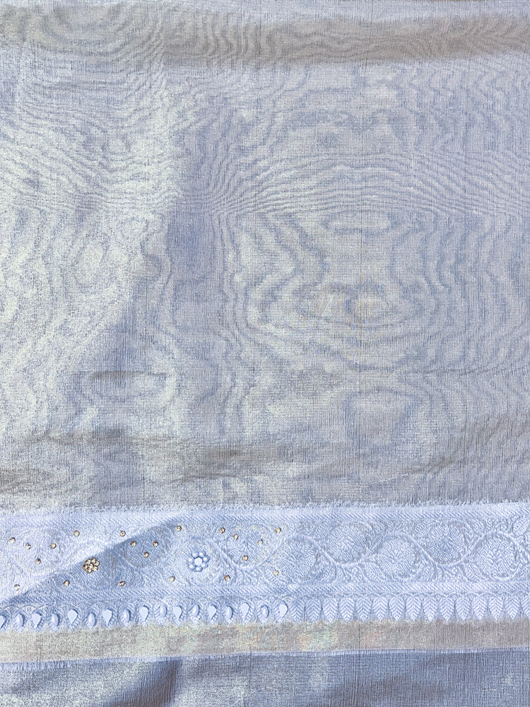 Banarasee Tissue Hand Embroidered Mirror Work Saree With Pearl Motifs & Swarovski Work-Silver