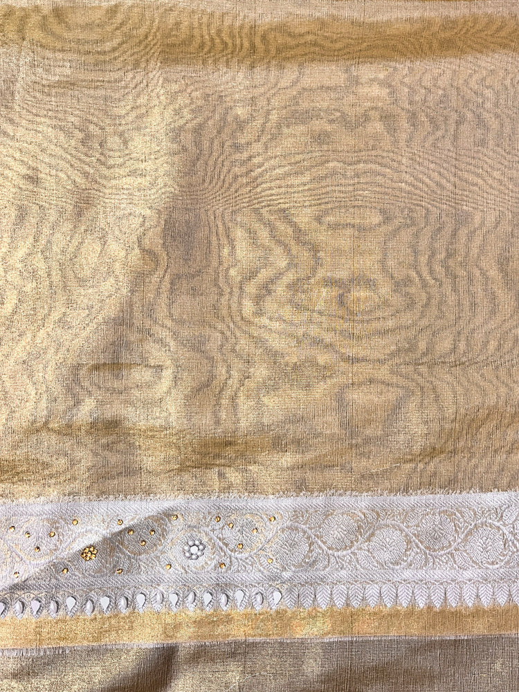 Banarasee Tissue Hand Embroidered Mirror Work Saree With Pearl Motifs & Swarovski Work-Gold