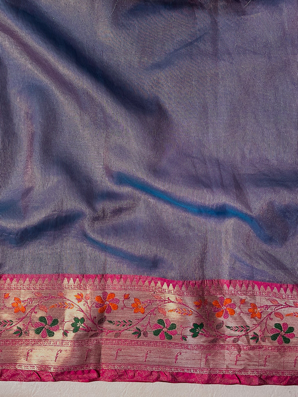 Banarasee Handloom Tissue Saree With Buti Design Contrast Border & Lace-Mint Blue