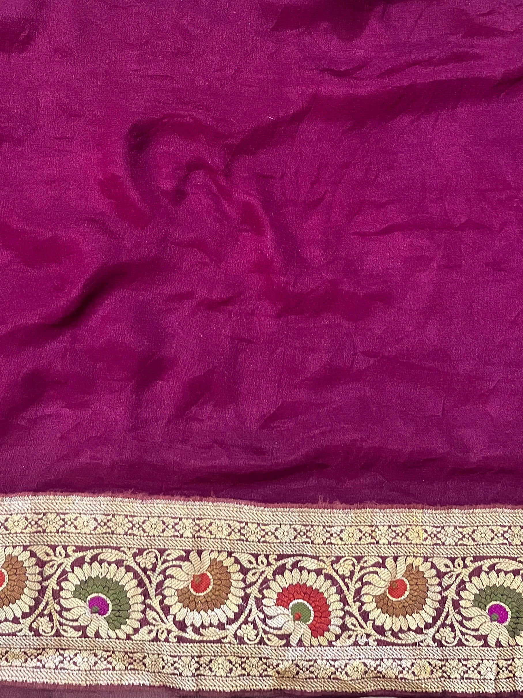 Banarasee Pure Chiffon Saree With Gold Zari Buta Work & Floral Border-Wine