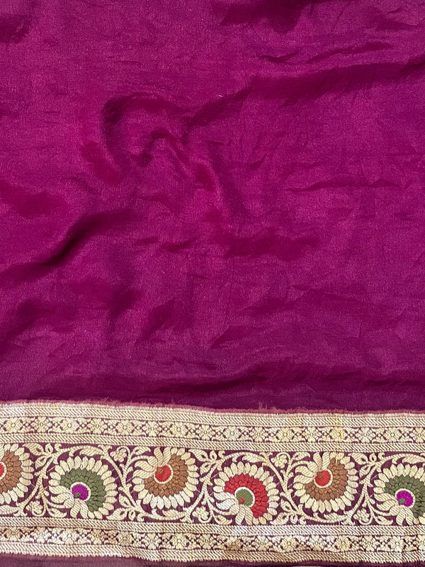 Banarasee Pure Chiffon Saree With Gold Zari Buta Work & Floral Border-Wine