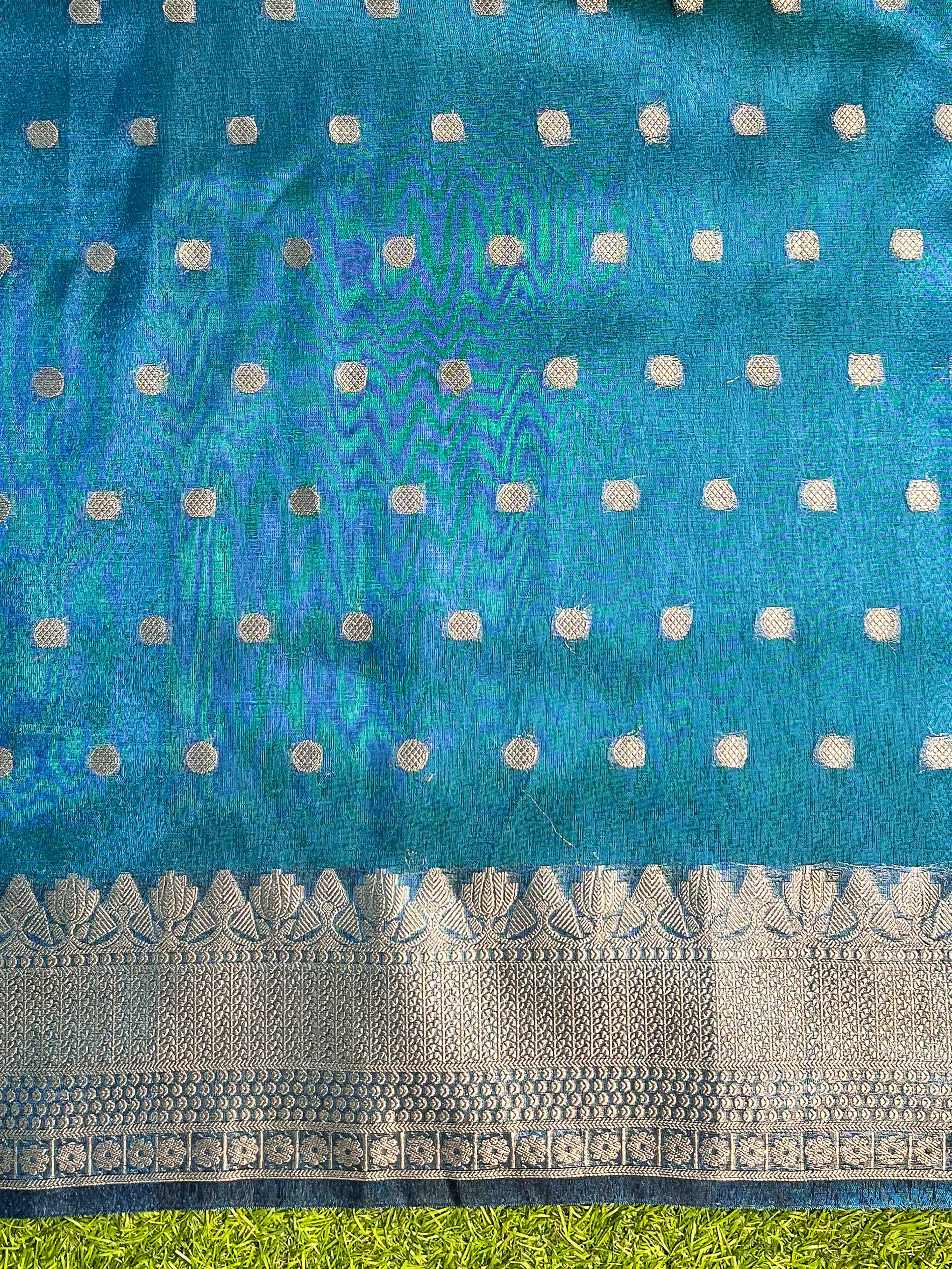 Banarasee Handloom Tissue Saree With Buti Design Zari Border & Lace-Teal Blue