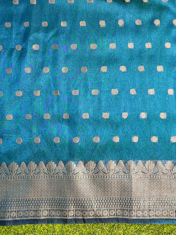Banarasee Handloom Tissue Saree With Buti Design Zari Border & Lace-Teal Blue