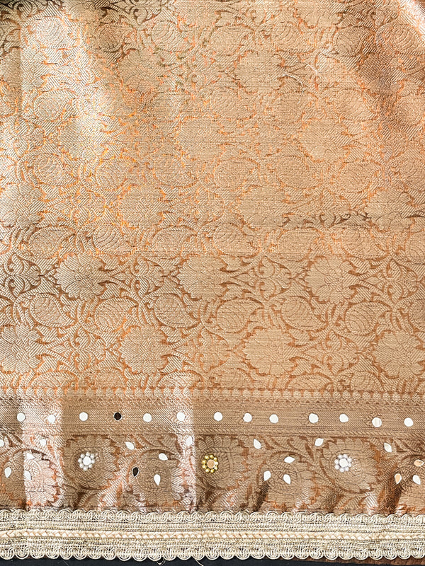Banarasee Tissue Hand Embroidered Mirror Work Saree With Ghungroo Work & Zari Woven Pallu-Brown