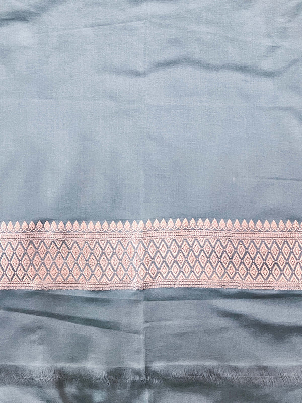 Banarasee Handloom Mashru Silk Saree With Tanchoi Work & Lace Border-Dusty Blue