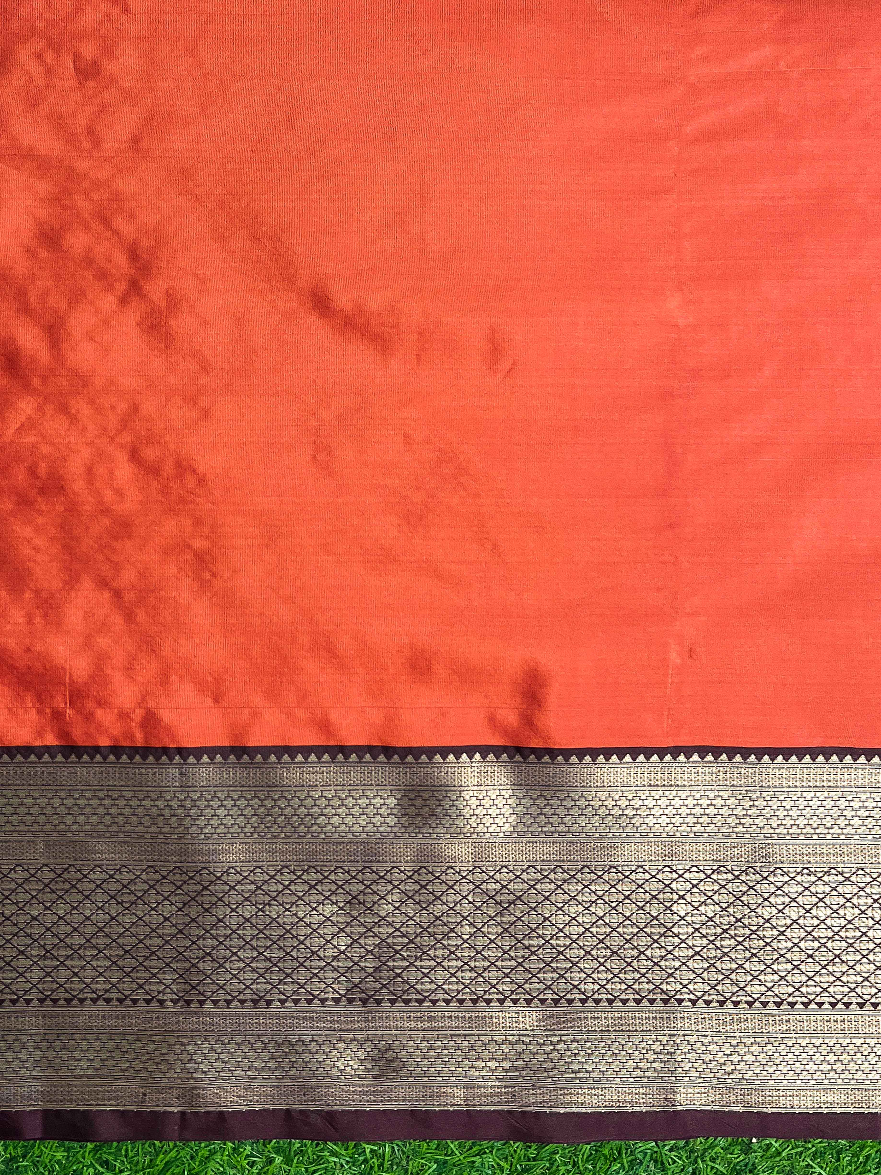 Banarasee Handloom Semi Silk Saree With Buta Design & Contrast Broad Border-Orange & Deep Maroon