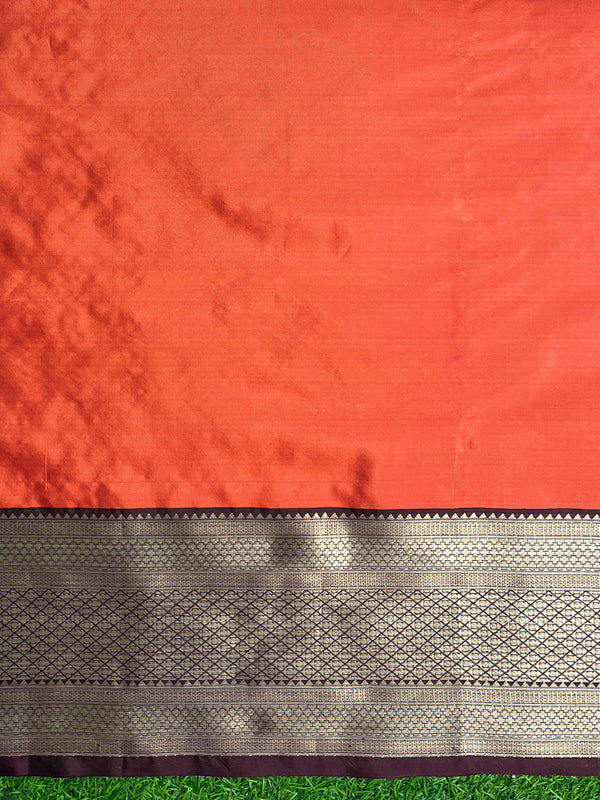 Banarasee Handloom Semi Silk Saree With Buta Design & Contrast Broad Border-Orange & Deep Maroon