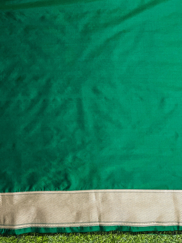 Banarasee Handloom Plain Semi Katan Saree With Ganga Ghat Zari Border-Green