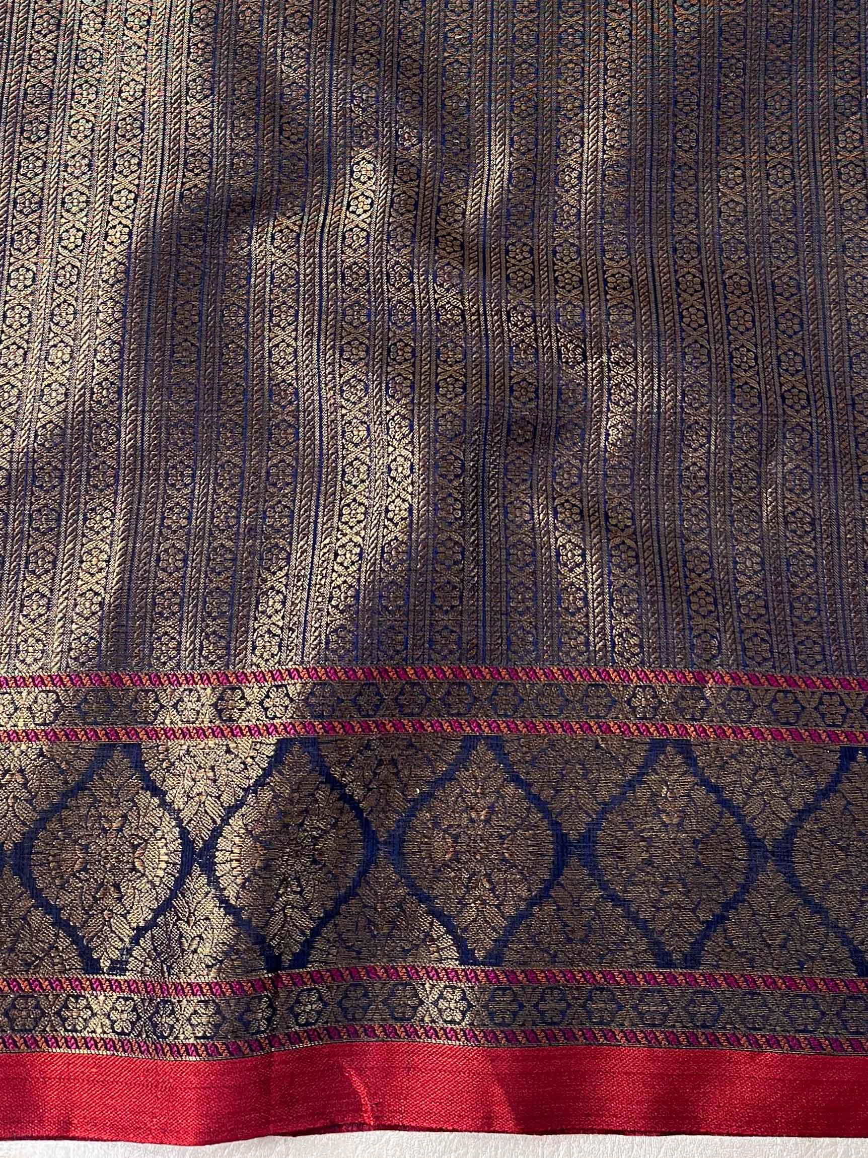 Banarasee Handwoven Pure Silk Cotton Saree With Antique Zari Buti & Border-Blue
