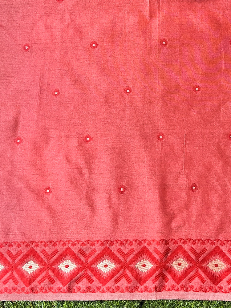 Banarasee Handwoven Semi-Tussar Silk Saree With Resham Work & Geometric Border-Beige & Red