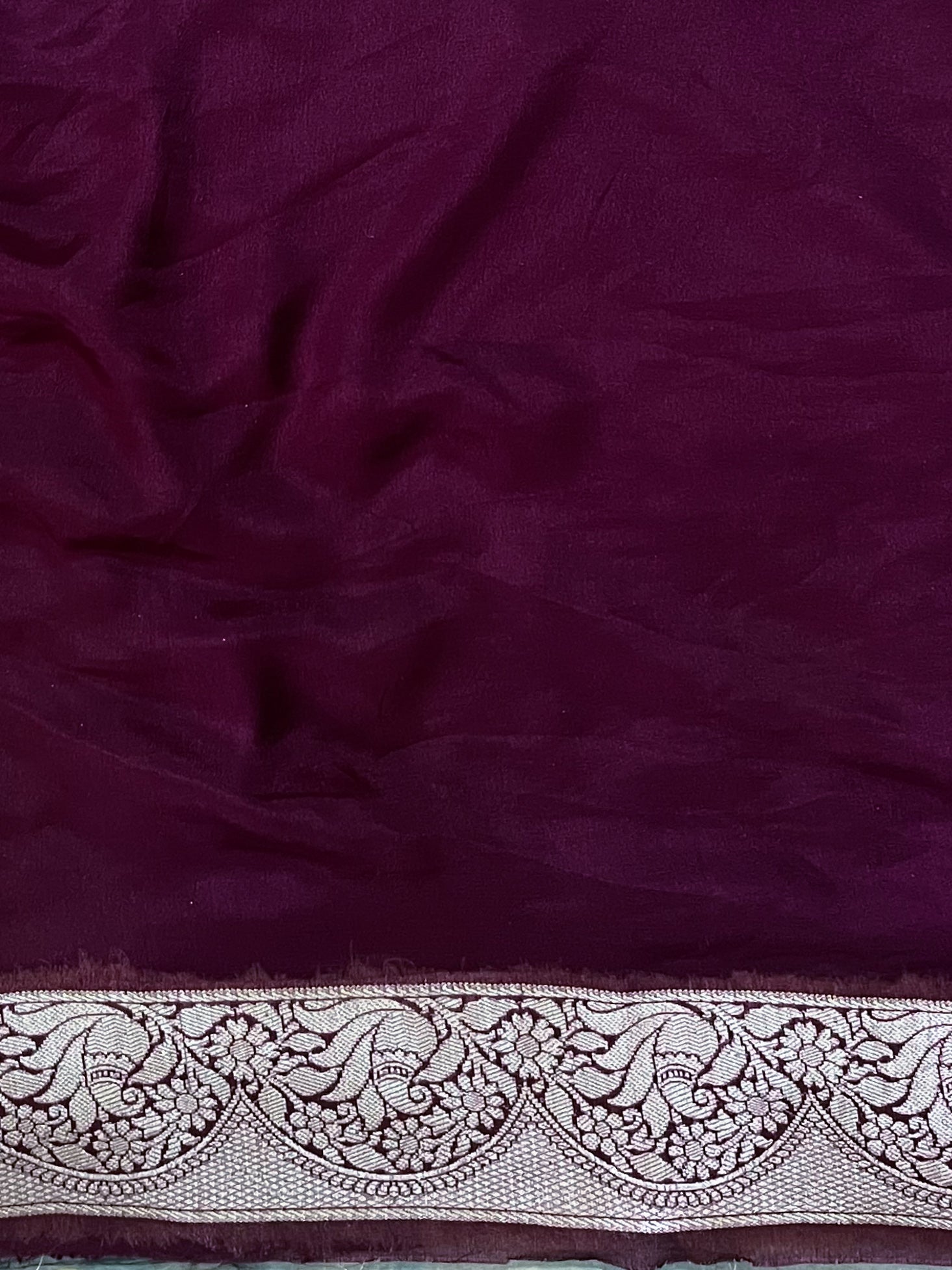 Banarasee Pure Chiffon Saree With Zari Jaal Design & Floral Border-Wine
