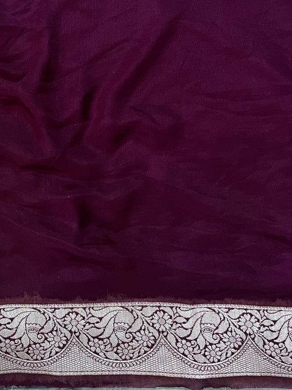 Banarasee Pure Chiffon Saree With Zari Jaal Design & Floral Border-Wine