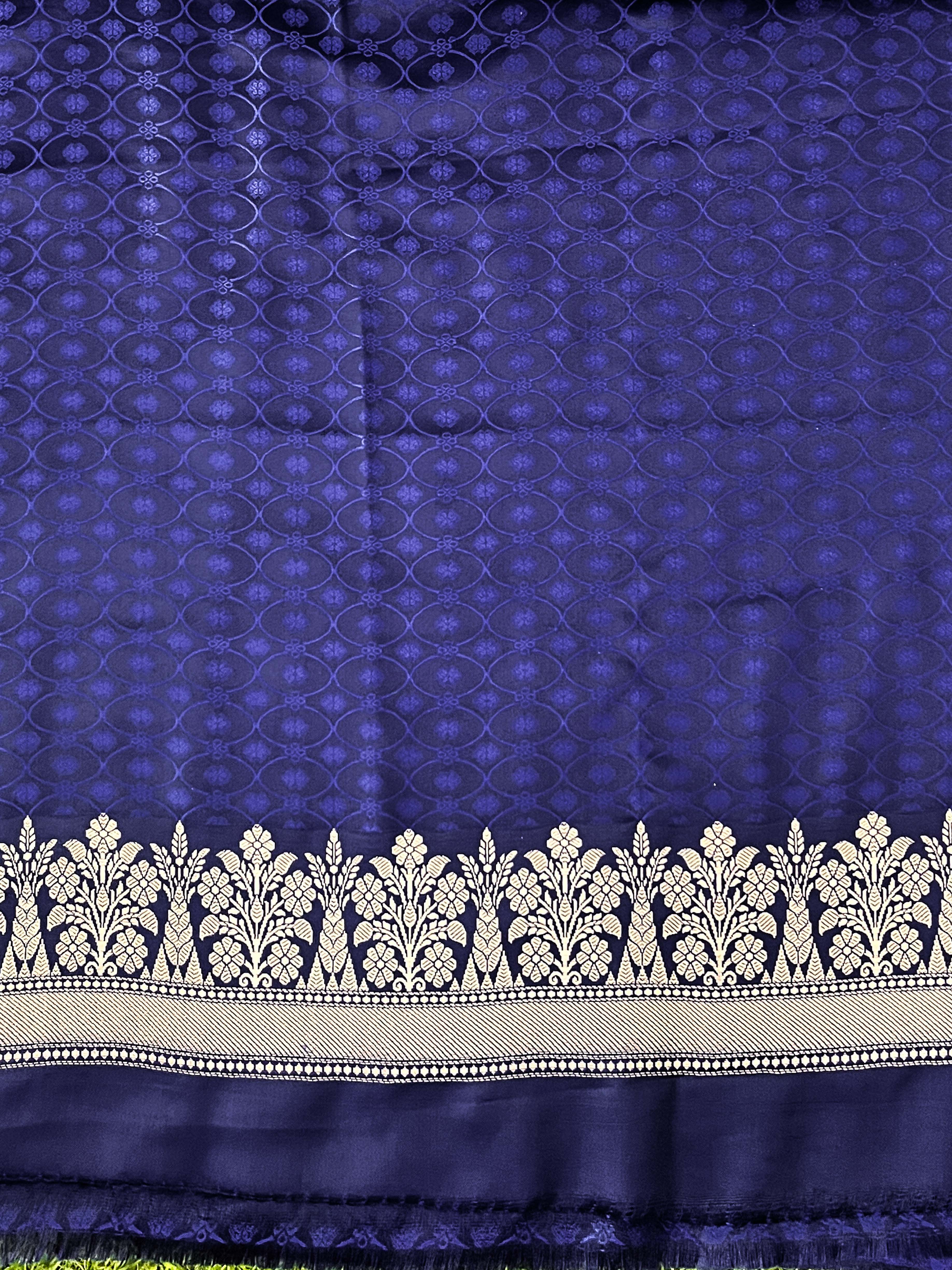 Banarasee Handloom Mashru Silk Saree With Heavy Zari Jaal & Lace Border-Blue