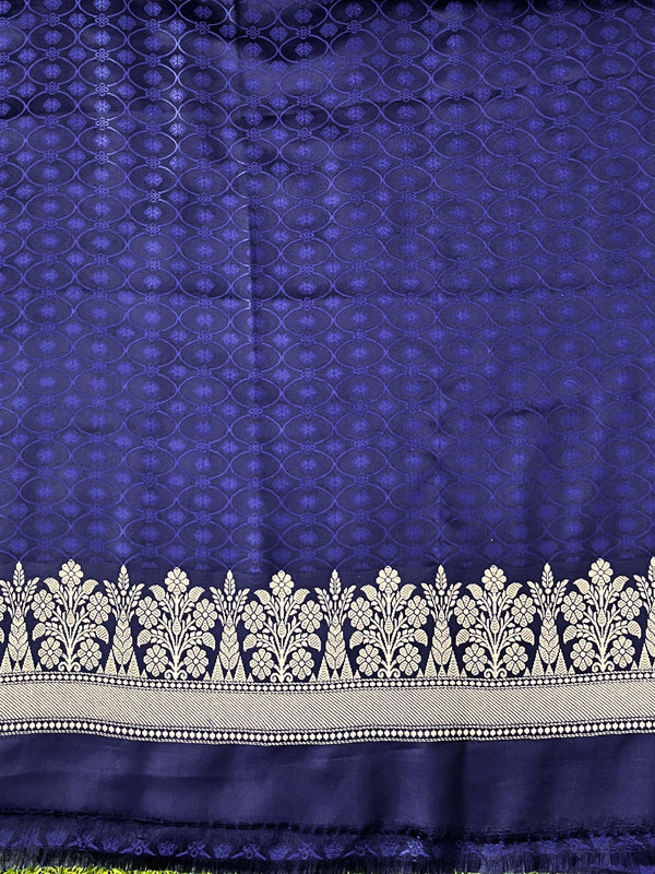 Banarasee Handloom Mashru Silk Saree With Heavy Zari Jaal & Lace Border-Blue