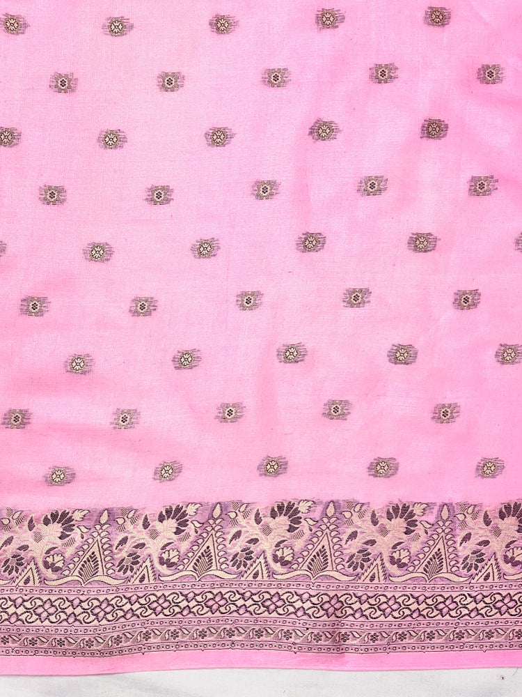 Banarasee Handwoven Pure Tussar Saree With Woven Resham Design-Light Pink