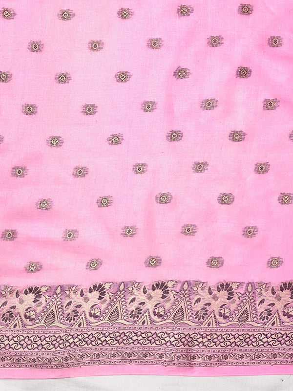 Banarasee Handwoven Pure Tussar Saree With Woven Resham Design-Light Pink