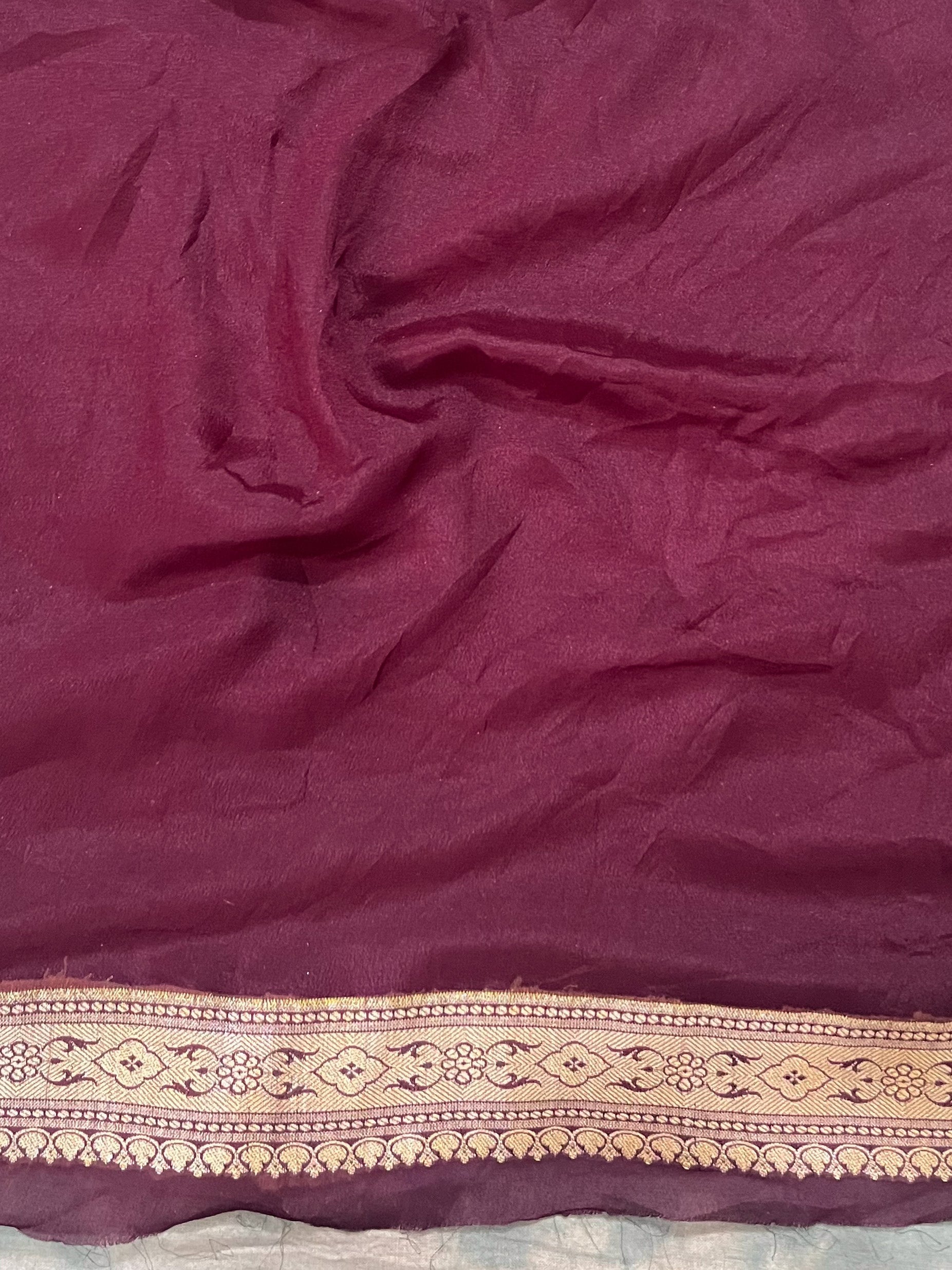 Banarasee Pure Chiffon Saree With Zari Buta Work & Floral Border-Wine