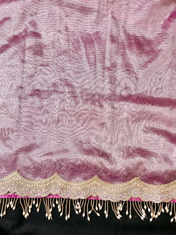 Banarasee Tissue Embroidered Ghungroo Work Saree With Mirror Work & Scallop Lace Border-Pink