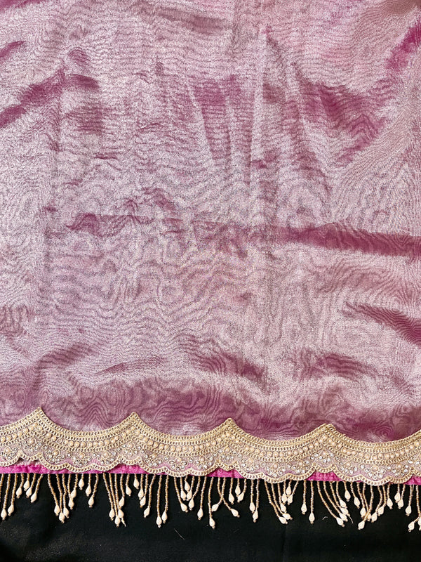 Banarasee Tissue Embroidered Ghungroo Work Saree With Mirror Work & Scallop Lace Border-Pink