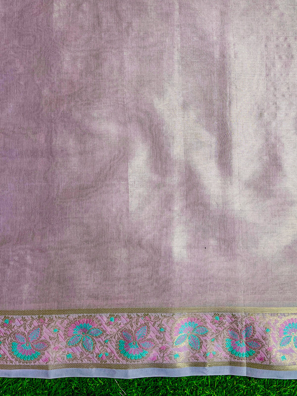Banarasee Handloom Plain Soft Tissue Shine Saree With Resham Zari Border & Lace-Light Pink