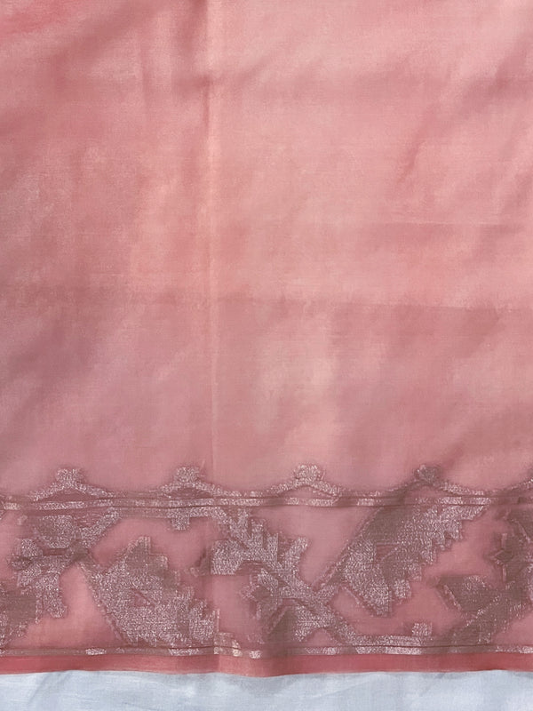 Banarasee Dual Color Organza Saree With Zari Jaal Design-Peachy Pink & Silver