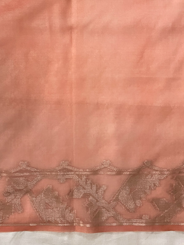 Banarasee Dual Color Organza Saree With Zari Jaal Design-Silver & Peach