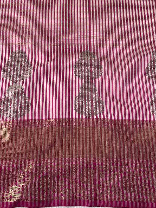 Banarasee Contrast Border Big Buta Tissue Saree-Silver & Pink