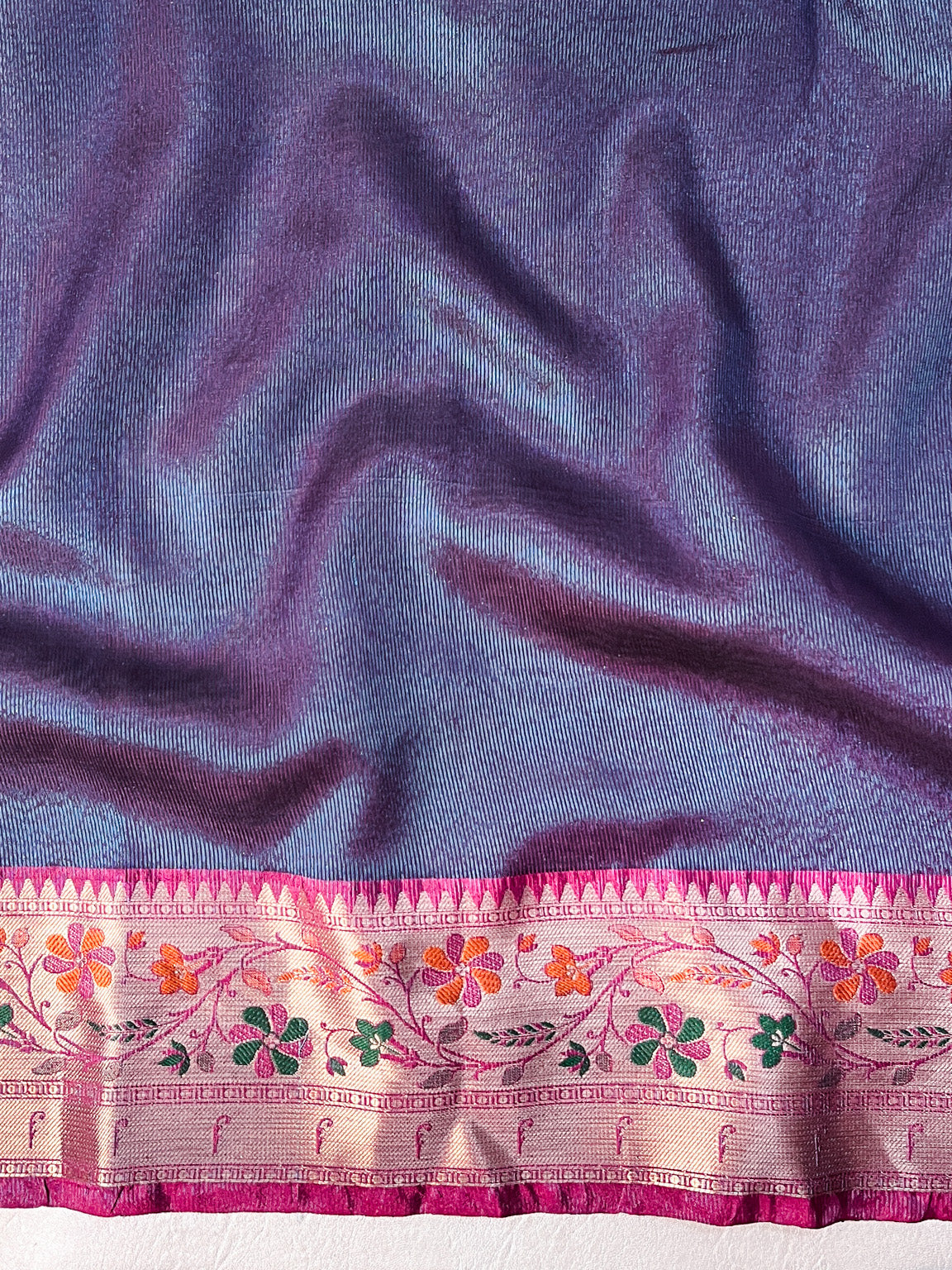 Banarasee Handloom Tissue Saree With Buti Design Contrast Border & Lace-Teal Blue