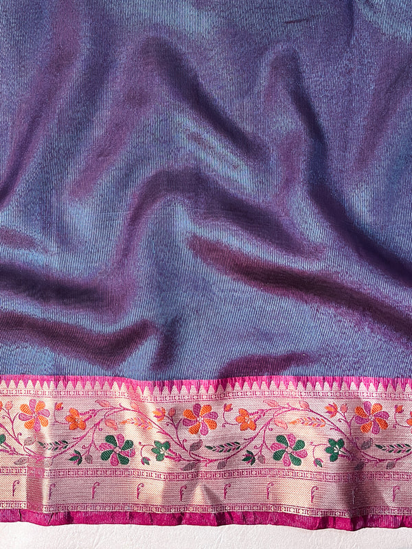 Banarasee Handloom Tissue Saree With Buti Design Contrast Border & Lace-Teal Blue