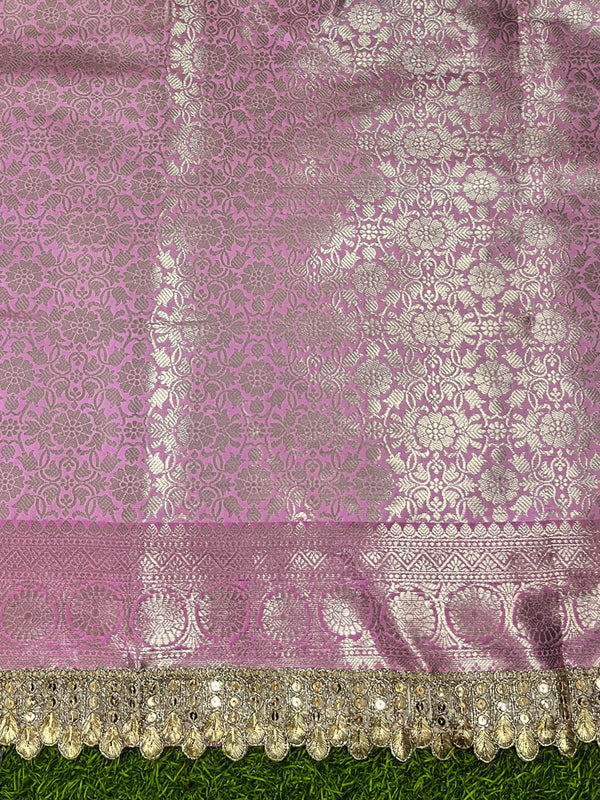 Banarasee Handloom Tissue Saree With Zari Weaving Floral Work & Lace Border-Light Pink