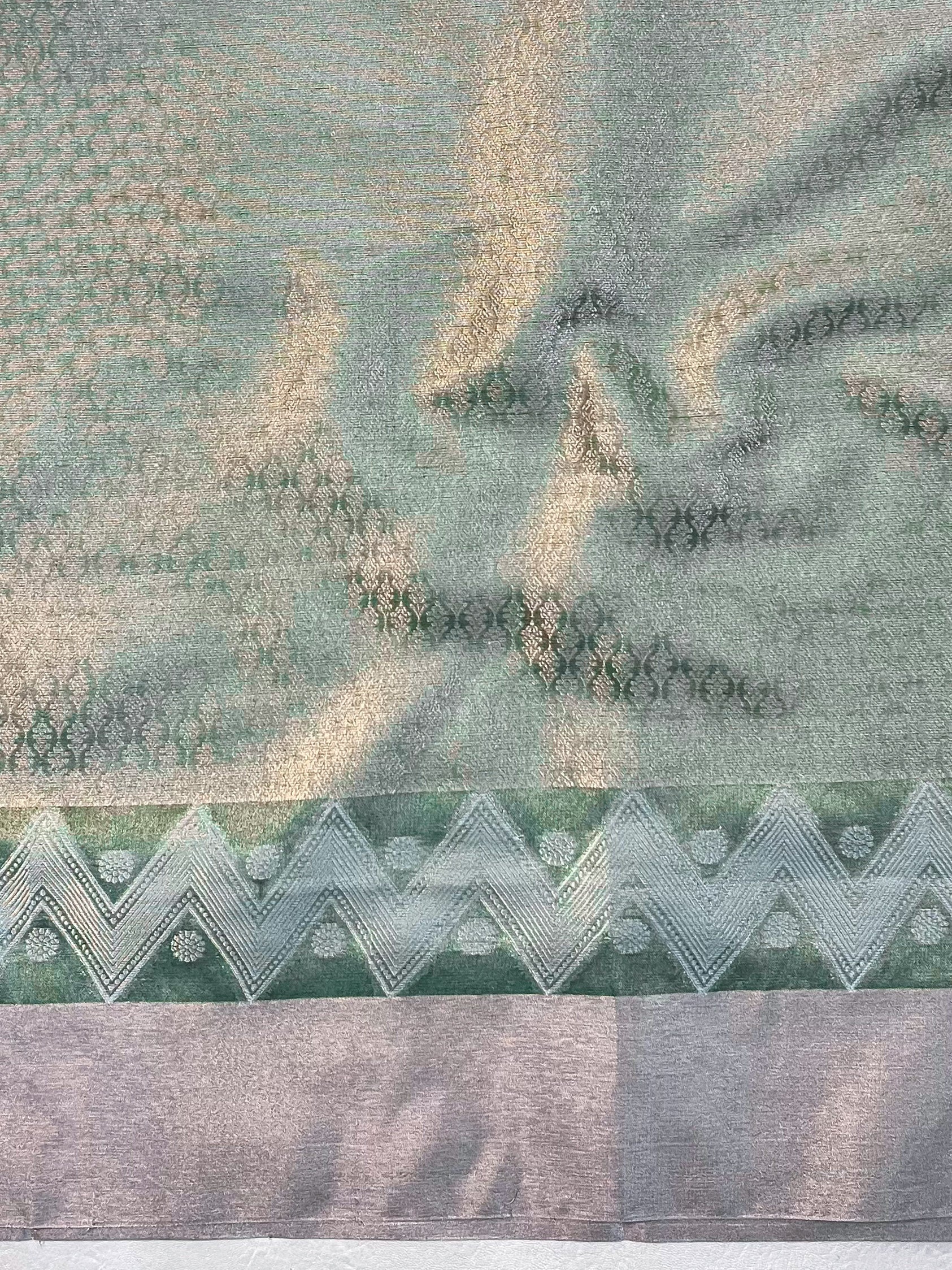 Banarasee Handwoven Tissue Saree With Zari Buti Design & Lace-Olive Green