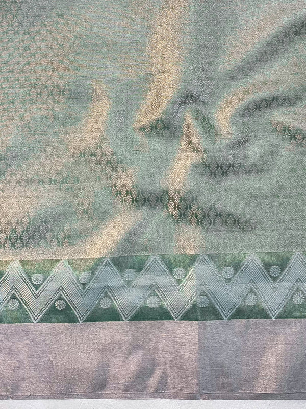 Banarasee Handwoven Tissue Saree With Zari Buti Design & Lace-Olive Green