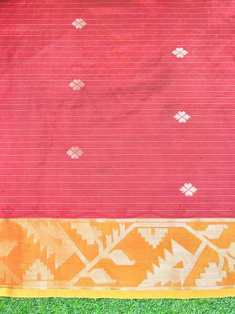 Banarasee Handwoven Organza Mix Saree With Zari Buti Design & Contrast Border-Cream & Maroon