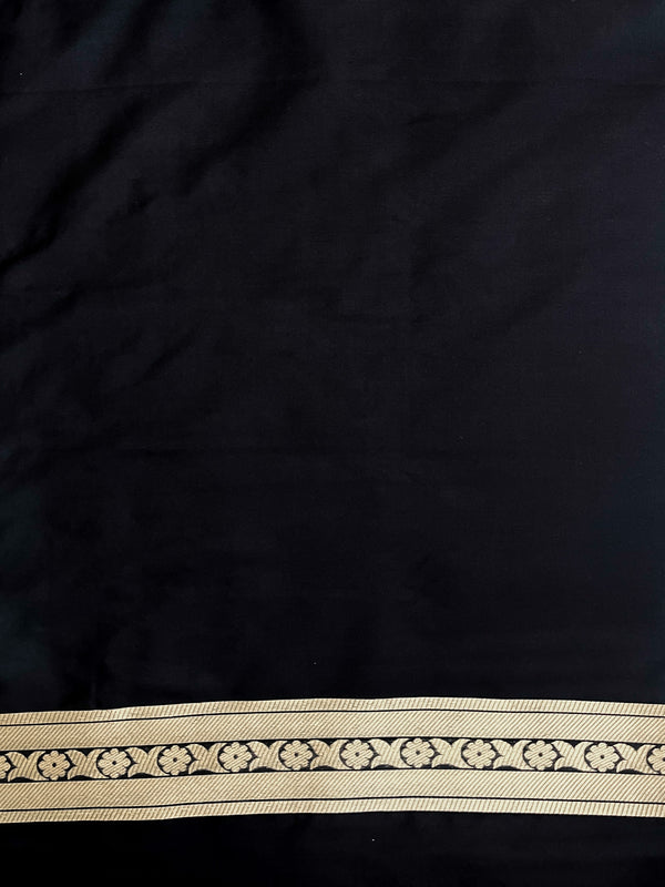 Banarasee Handloom Semi Katan Saree With Gold Zari Woven Design-Black