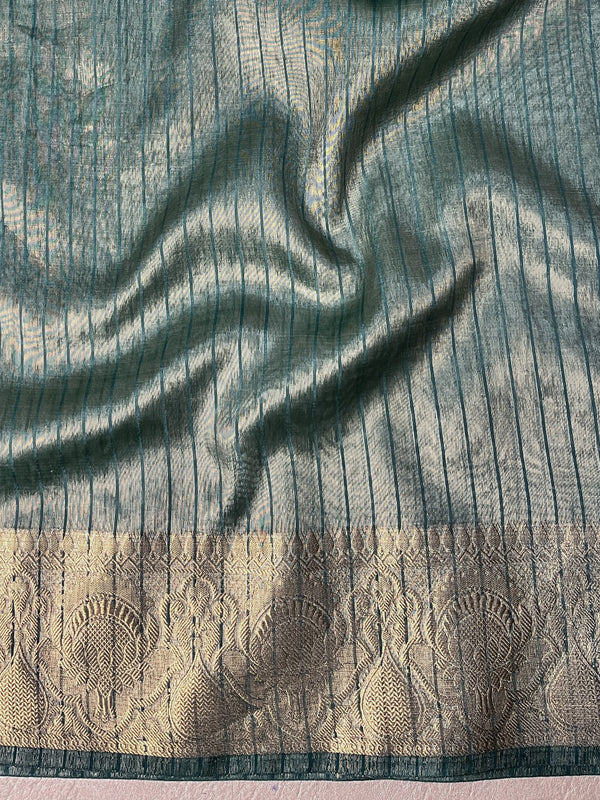 Banarasee Handloom Plain Tissue Saree With Zari Border & Lace-Green