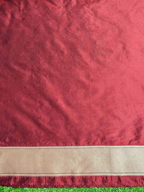 Banarasee Handloom Plain Semi Katan Saree With Ganga Ghat Zari Border-Maroon