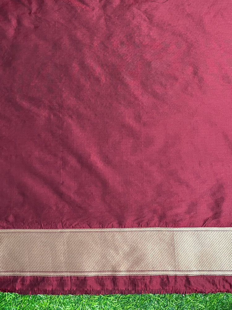 Banarasee Handloom Plain Semi Katan Saree With Ganga Ghat Zari Border-Burgundy