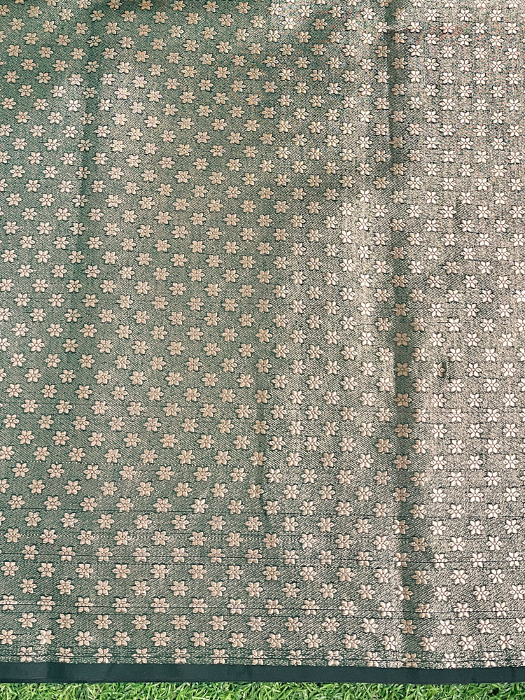 Banarasee Handloom Cotton Silk Saree With Zari Buti Design & Geometric Border-Deep Green