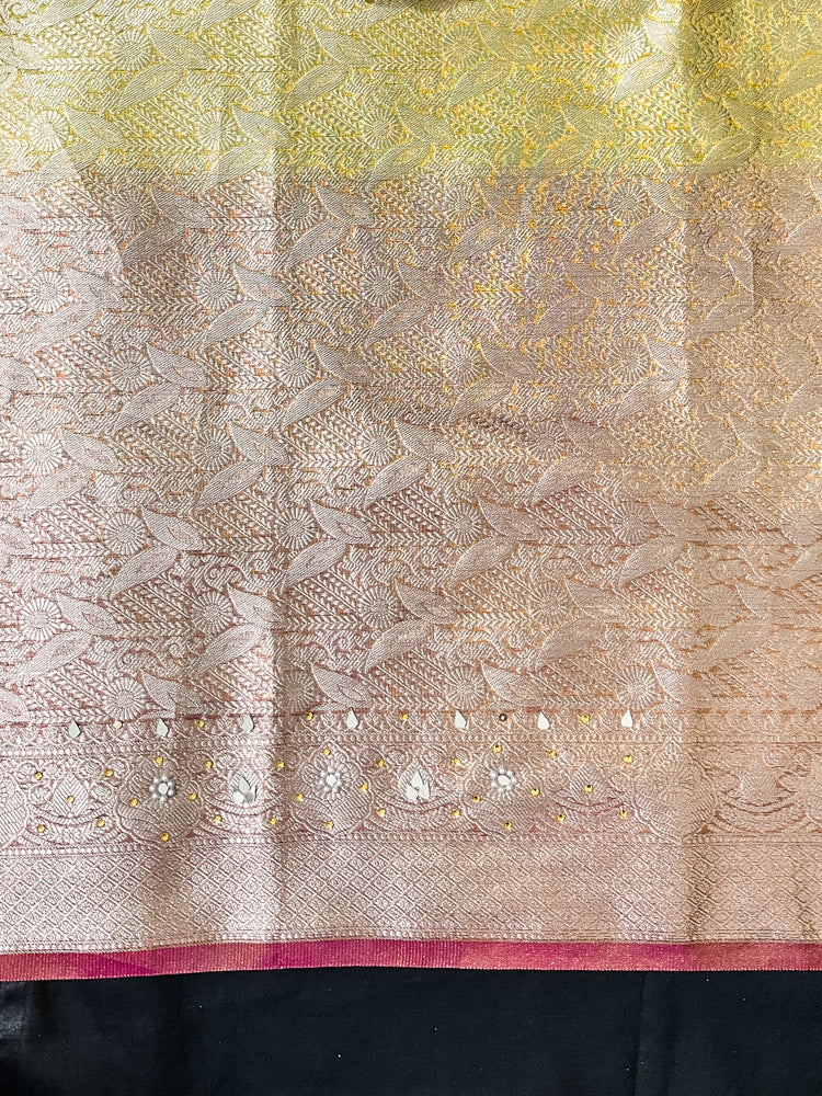Banarasee Tissue Hand Embroidered Mirror Work Saree With Zari Woven Pallu & Lace-Multicolor