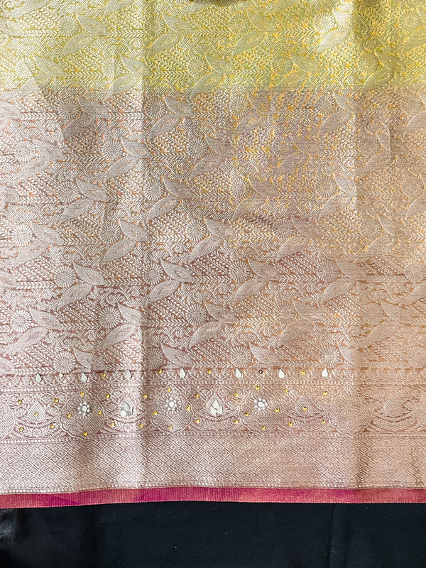 Banarasee Tissue Hand Embroidered Mirror Work Saree With Zari Woven Pallu & Lace-Multicolor