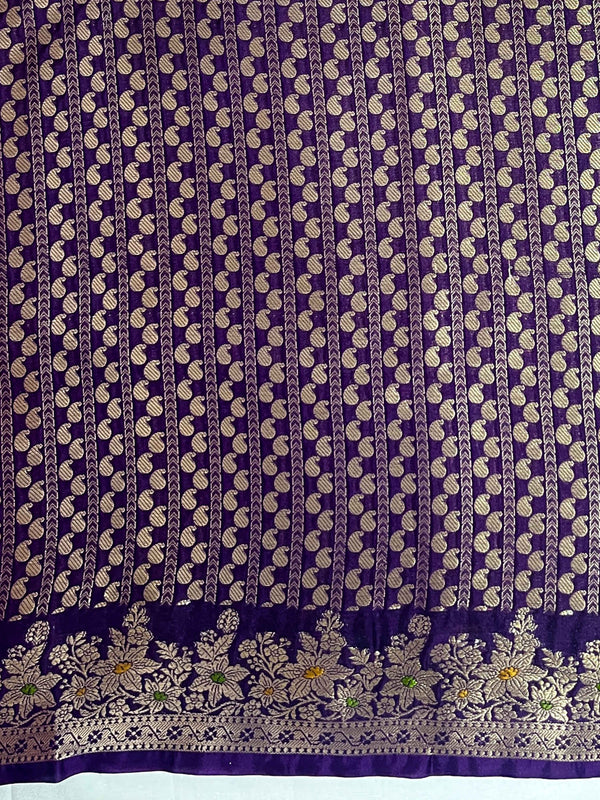 Banarasee Handloom Semi Silk Saree With Zari Buti Design & Lace Border-Violet
