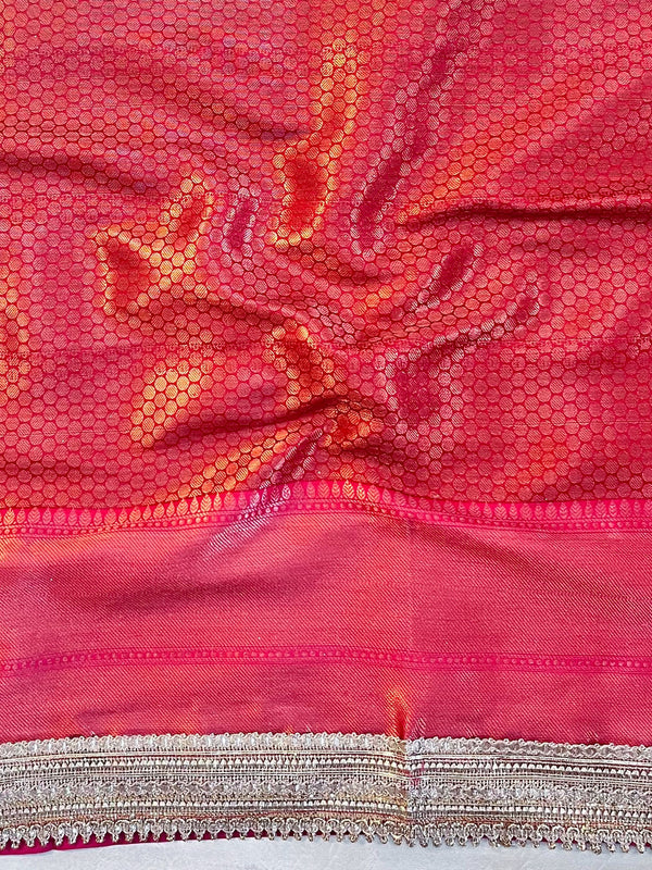 Banarasee Handwoven Semi Silk Saree With Zari Jaal Design Contrast Border & Lace-Maroon & Pink