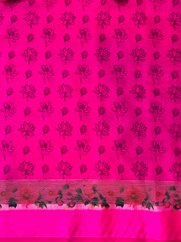 Banarasee Handloom Cotton Silk Saree With Digital Floral Prints & Contrast Border-Green